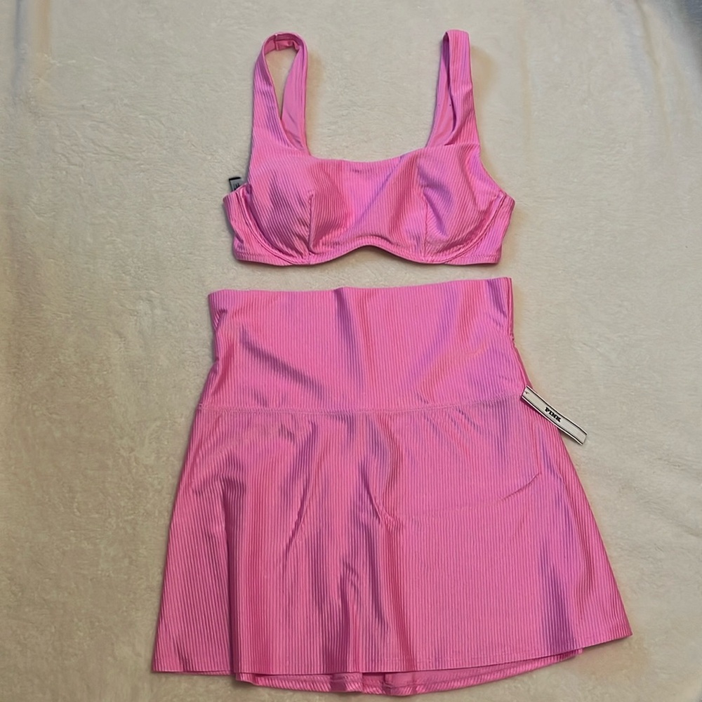 Victoria Secret pink FOLDOVER COVER-UP MINI SKIRT And THE WAVE BIKINI TOP